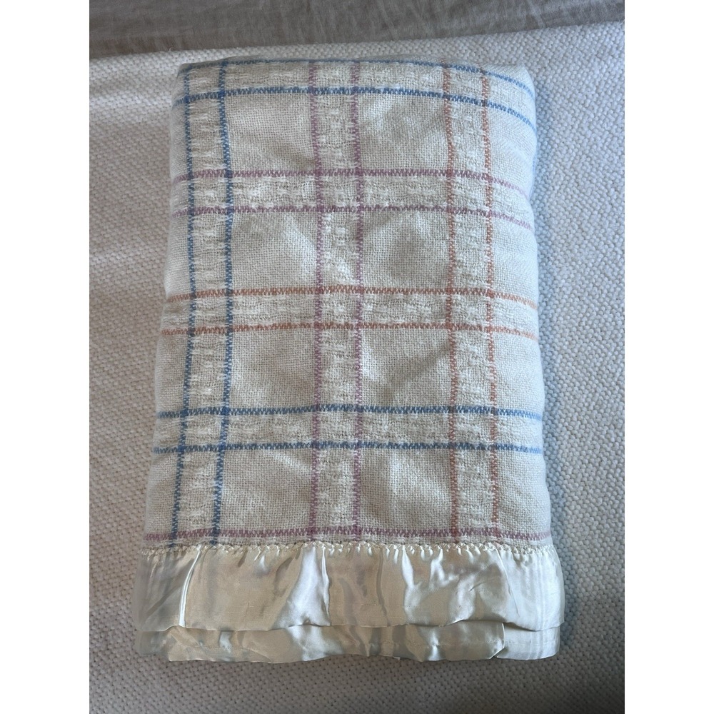 Vintage Faribo Wool Acrylic Blanket Plaid w/ Satin Trim 84"x90" Pink Blue White
